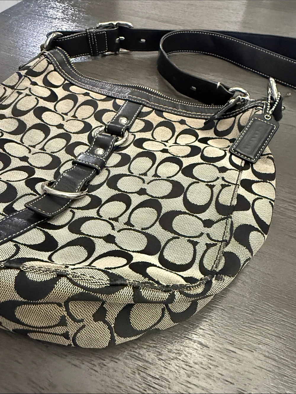 Coach Signature Jacquard Monogram Leather Trim Shoulder Bag Black Gray Medium
